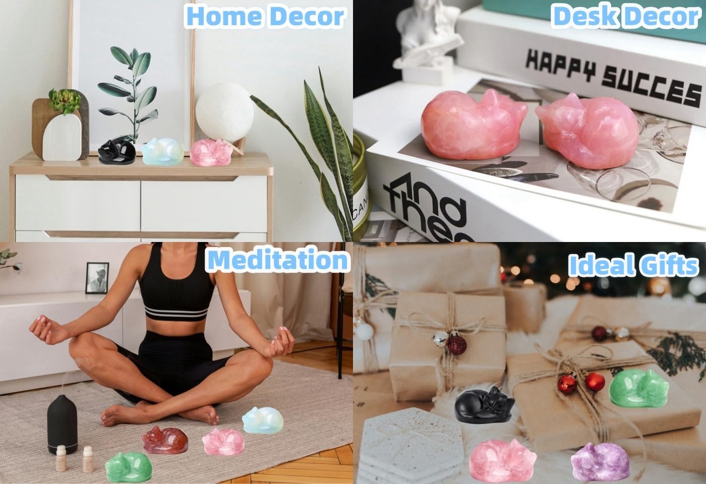 QINJIEJIE 2'' Rose Quartz Cat Figurines Natural Stone Statue Healing Crystals Gift Gemstone Sculpture Room Home Desk LuckyDecoration Cat Gifts for Women