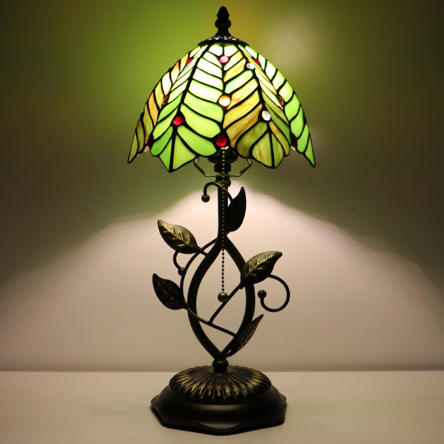MQYXH Tiffany Style Stained Glass Table Lamp Green Coconut Leaves 18 Inch