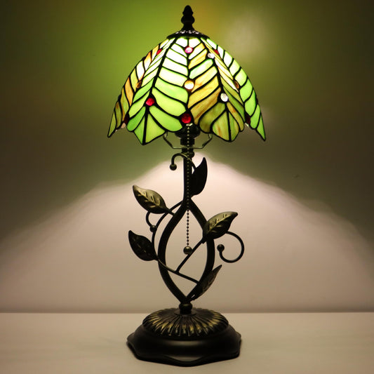 MQYXH Tiffany Style Stained Glass Table Lamp Green Coconut Leaves 18 Inch