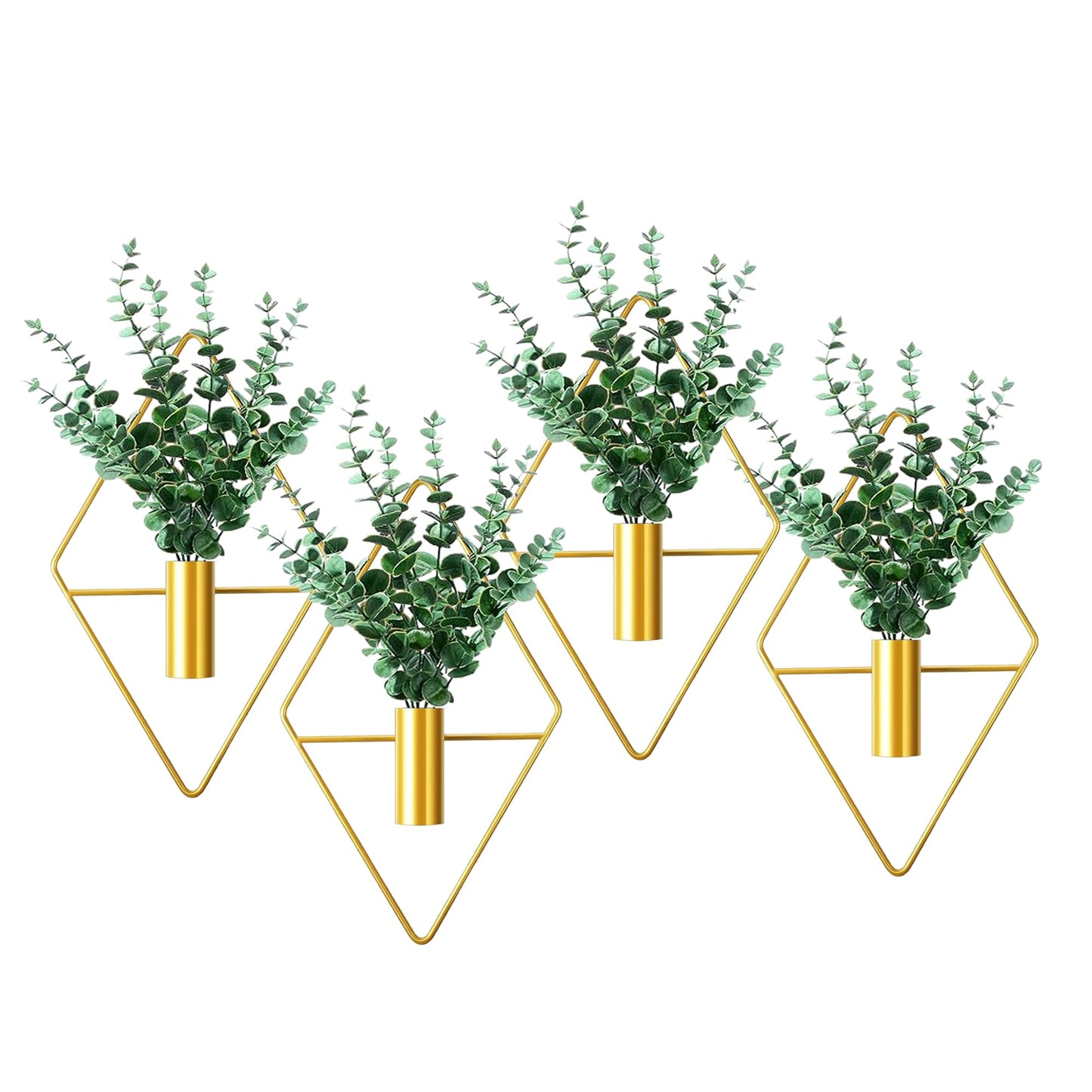 LZRHORR 2 Pack Gold Wall Decor Hanging Planters with Artificial Plants Metal Hanging Vase Indoor Plants Holder Modern Boho Wall Art for Bathroom Bedroom Living Room Office (Gold, Eucalyptus)