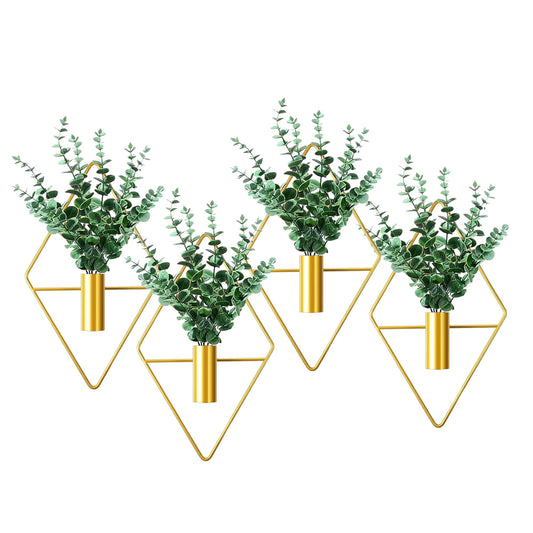 LZRHORR 2 Pack Gold Wall Decor Hanging Planters with Artificial Plants Metal Hanging Vase Indoor Plants Holder Modern Boho Wall Art for Bathroom Bedroom Living Room Office (Gold, Eucalyptus)