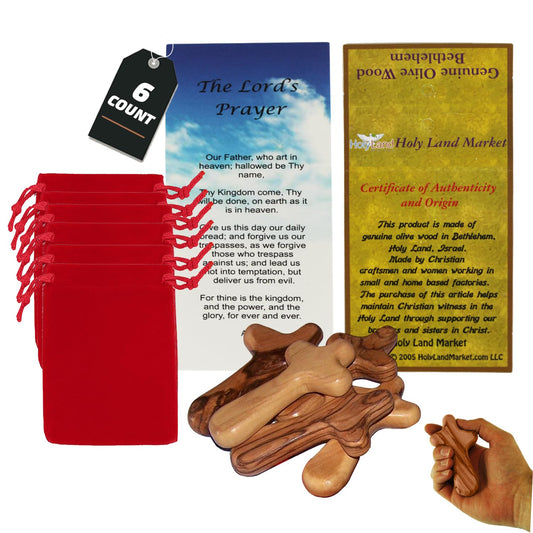 Holy Land Market Olive Wood Comfort Cross | Handmade Holding Cross from Bethlehem Palm Cross, Clinging Cross with Velvet Bag & 2 Certificates | 4 Inch x 6