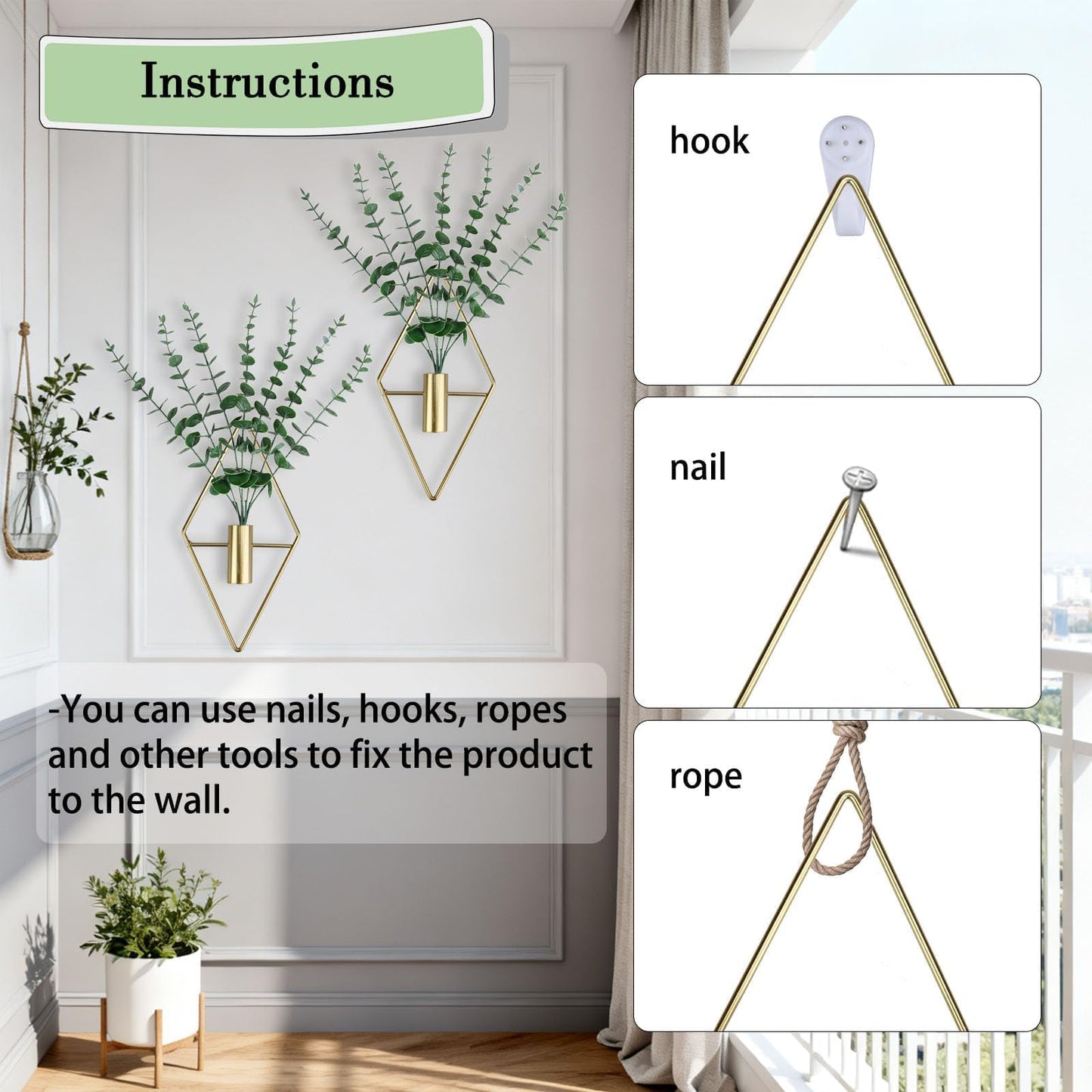 GREENTIME 2 Pack Wall Decor Hanging Planter with Faux Eucalyptus Gold Diamond Metal Hanging Vase Boho Wall Mounted Planter for Teacher Appreciation Living Room Bathroom Kitchen Outdoor Shelf