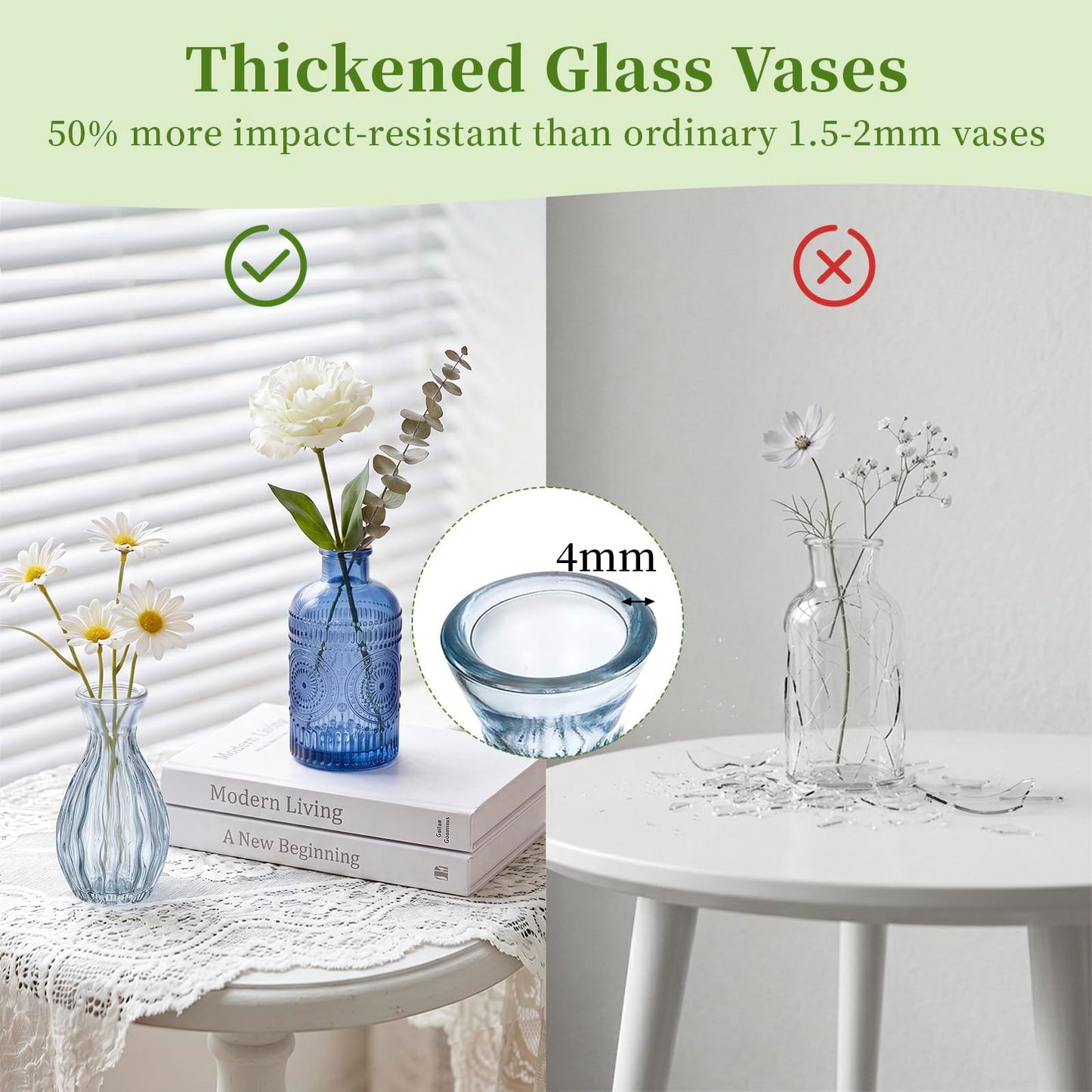 Glasseam Glass Bud Vases for Centerpieces, Vintage Embossed Small Vases