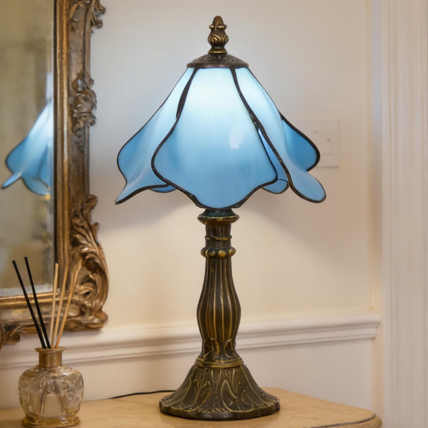 WFAYNTIFL Small Tiffany Table Lamp Blue Morning Glory Style W8H14.5 Inch