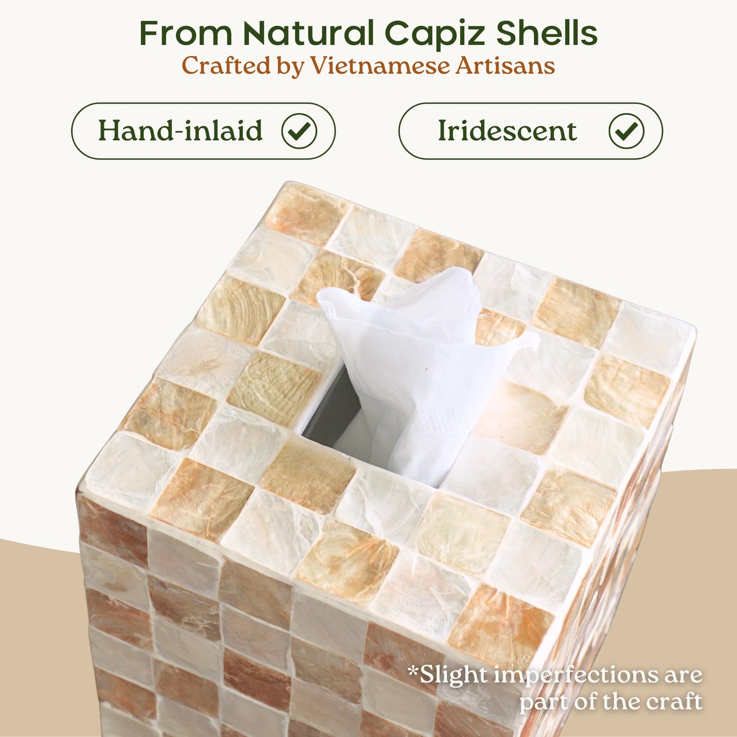 CHI AN HOME 5.5” Square Tissue Box Cover, Capiz Shells Cube Tissue Box Holder with Bottom Slider, Checkered Tissue Box Cover Mother of Pearl Decorative Tissue Holder for Bathroom Vanity, Office, Ivory