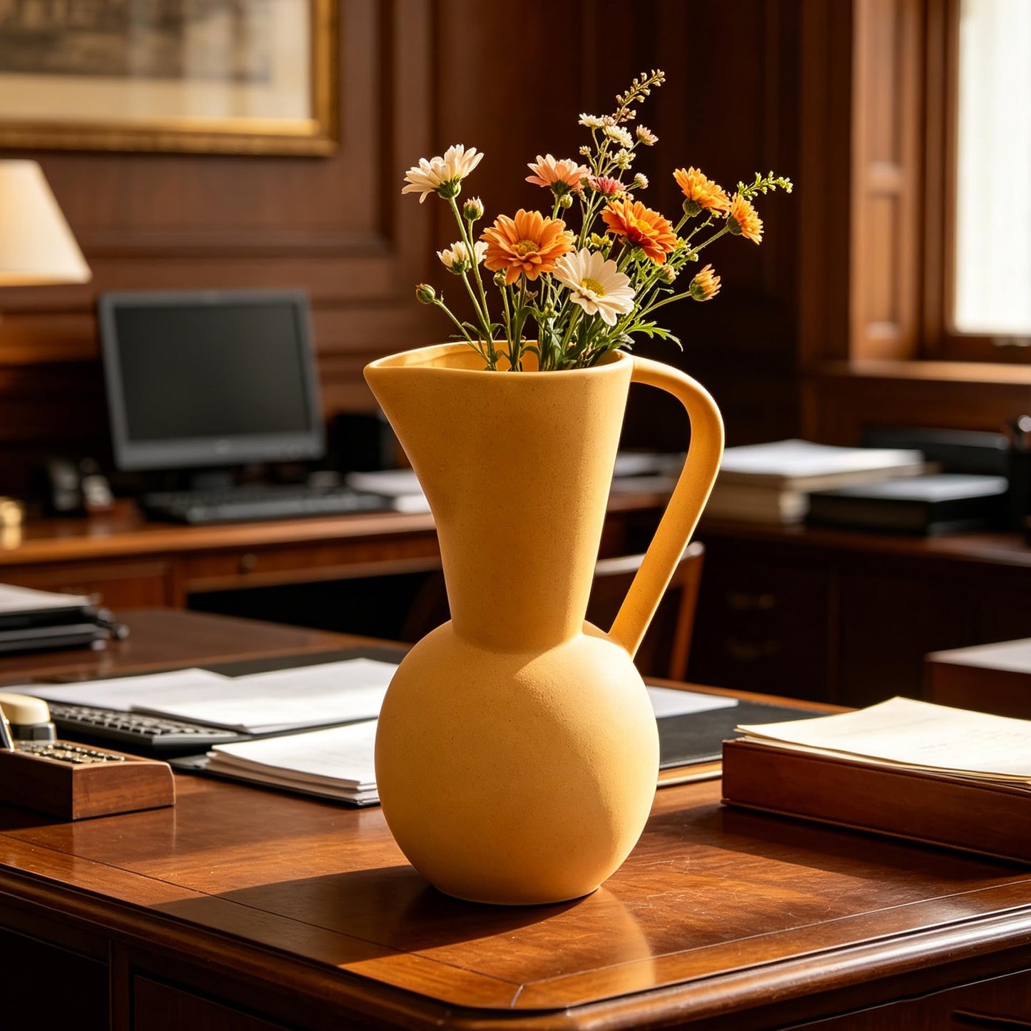 Ceramic Flower Vase with Handle 8.8″ Tall for Living Room Home Decor