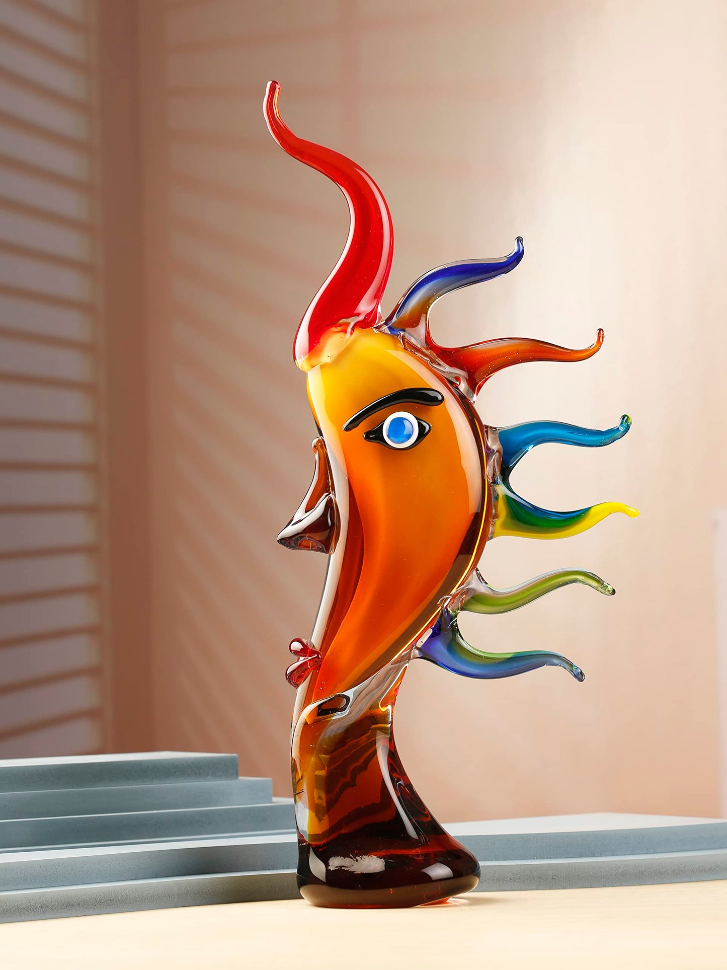 Yao Yuan Murano-Style Hand bolow Art Glass face sculptuer - 17.31" Tall Mouth-Blown Crafts Home Office Bedroom Living Room Study Room Studio Decorations