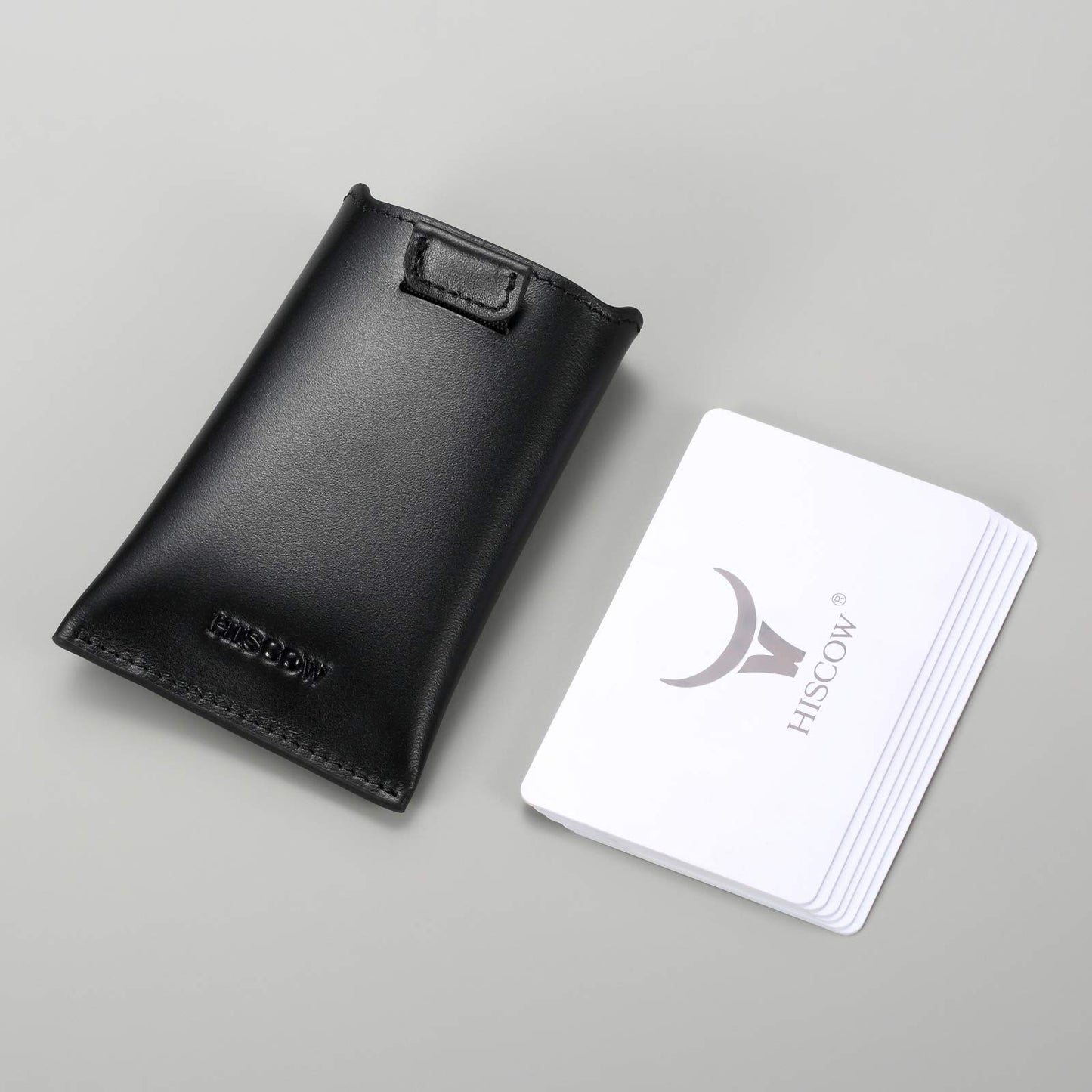 HISCOW Business Card Holder with Flap for Dispensing Cards - Italian Calfskin (Black)