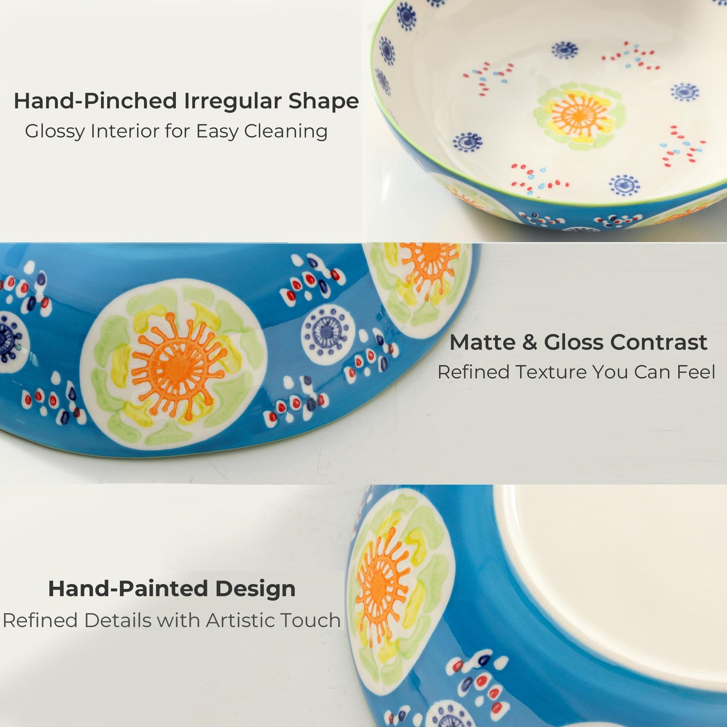 Hand-Painted 9 Inch Soup and Pasta Plate Set of 4,Wide and Gently Deep Ceramic Dinner Plates for Salad Breakfast Everyday Meals,Microwave Oven Safe up to 480°F,Lead-Free Stoneware,Giftable Ocean Blue
