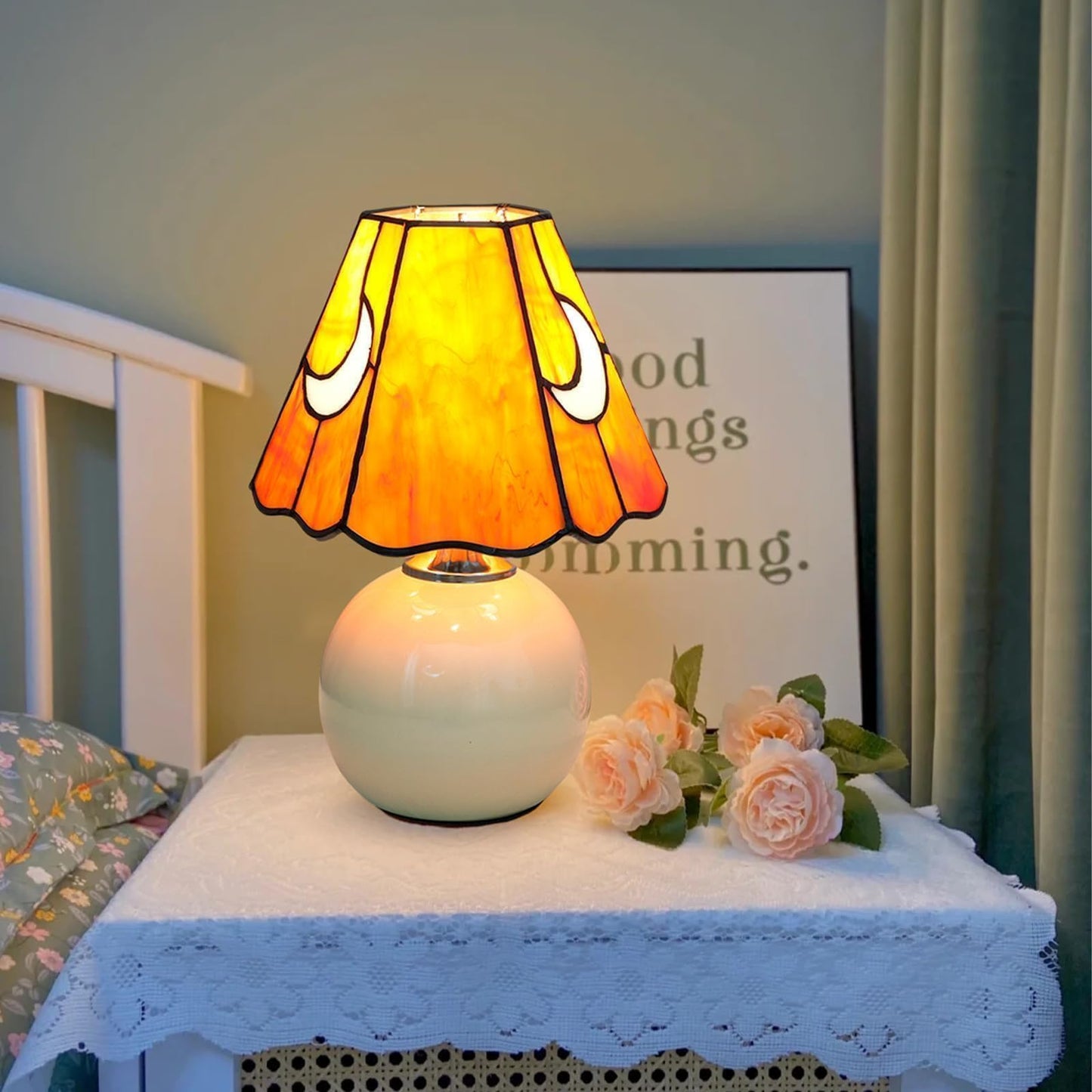 KIPHEPI Tiffany Style Moon Mushroom Stained Glass Table Lamp Orange Small Table Lamp Bedroom Bedside lamp Living Room Dining Room Office Decoration Desk lamp Home Decoration Creative Gift