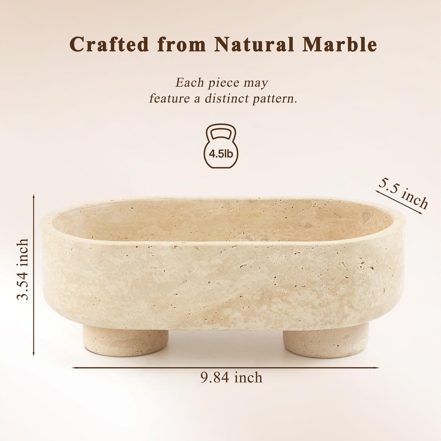 LIN CHUAN Natural Oval Travertine Stone Fruit Bowl for Kitchen Counter | Two-Legged Decorative Pedestal Bowl for Dining Table Decor, 10" Luxury Entryway Catchall Purse Bowl - Travertine