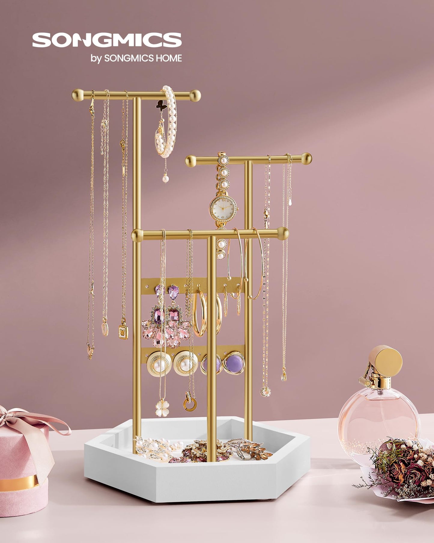SONGMICS Set of 2 Jewelry Holders Organizers, 3 Tiers and 1 Tray, Jewelry Display Stands with Metal Frame, Necklace Earring Bracelet Holder, for Rings, Pale Gold and White UJJS003A01-2J