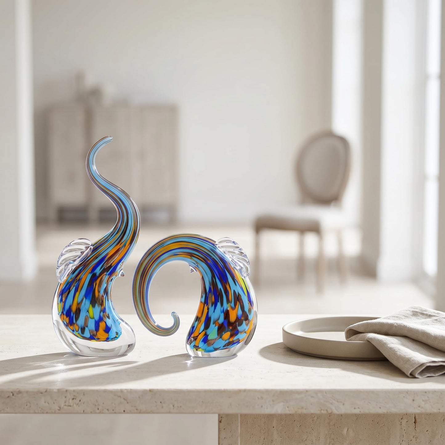 suruim Hand Blown Murano Glass Elephant Statues Set - Luxury Sculptures Home Decor for Living Room & Office Art Glass Ornament Animal Collectible (Green)