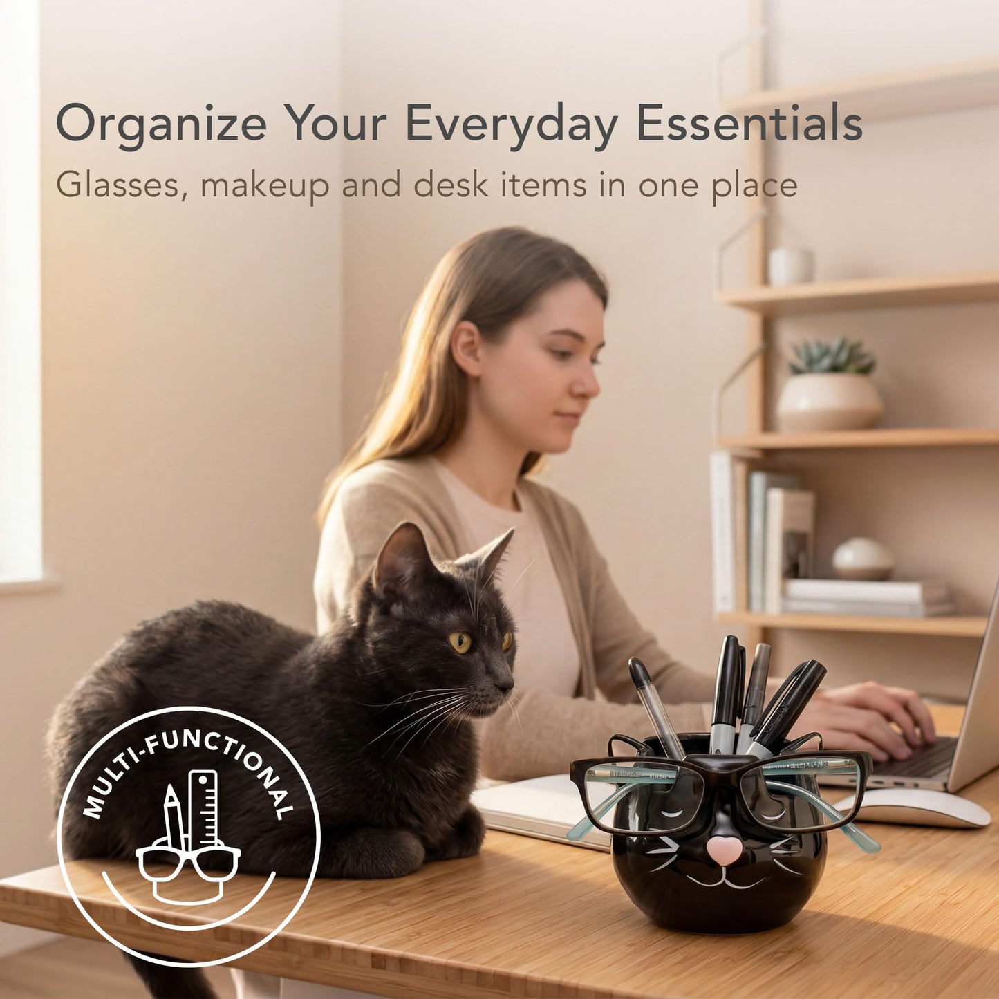 Luvberries Cat Glasses Holder Stand and Vase - Black Cat Ceramic Sunglasses and Eyeglasses Stand Cat Lady Gift Display and Decor Organizer for Desk Accessories and Stationery Items