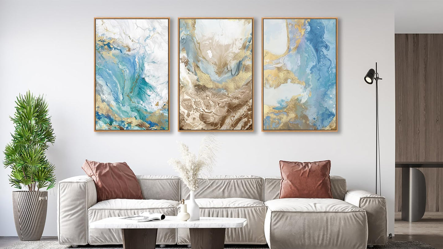 NINEASO Abstract Ocean Framed Wall Art – Vibrant Blue Turquoise Gold White Canvas Pictures Modern Swirls Painting Artwork for Living Room, Office & Home Wall Decor 24 x 16in * 3, Natural Wood Frame