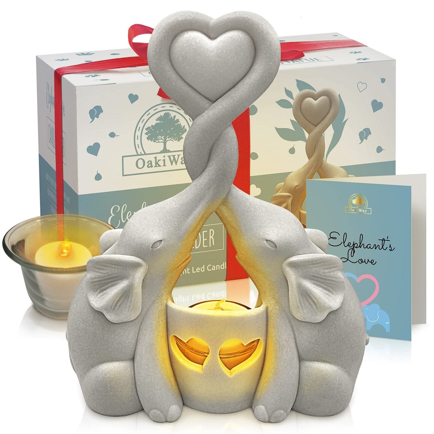 OakiWay Elephant Gifts for Women - Love Candle Holder Statue with Flickering LED for Couple - Ivory 14th Wedding for Her - Elephant Home Deco'r Valentine's Present