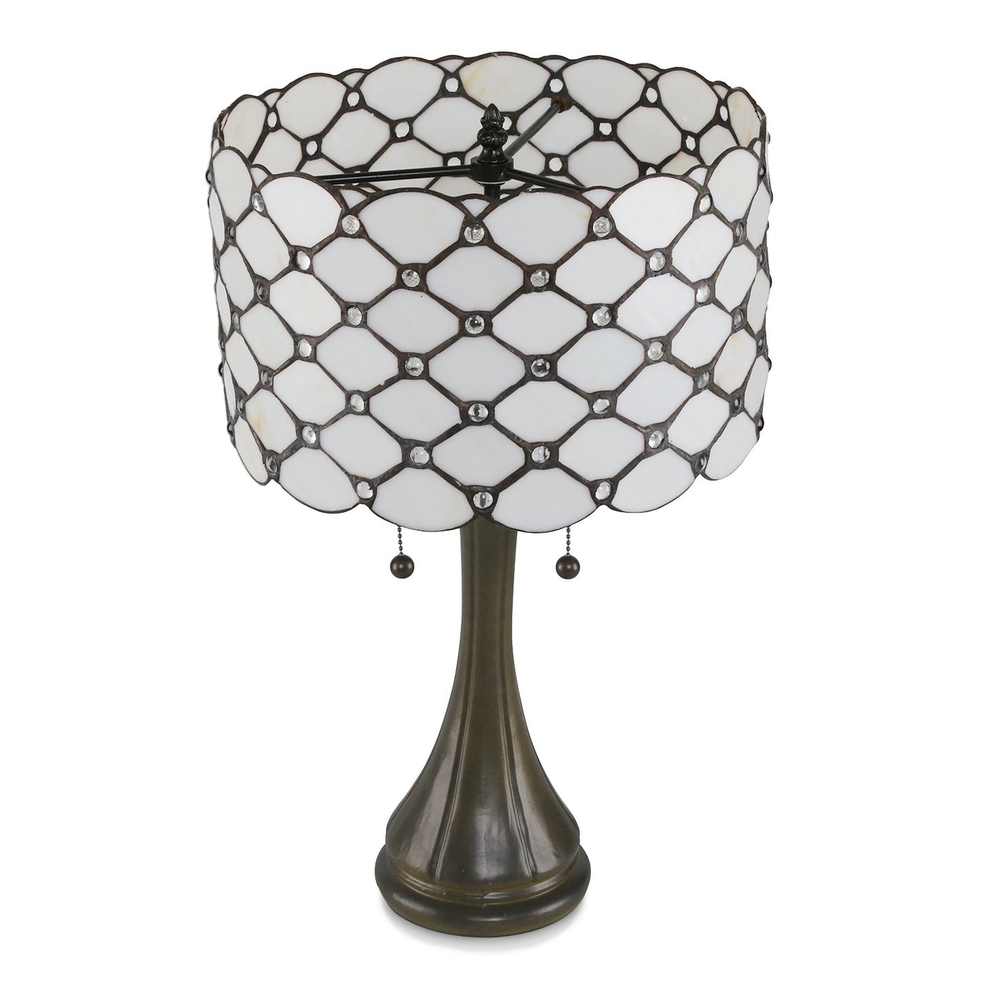 Serena D'italia Tiffany Style Table Lamp Contemporary, Diamond Pattern Stained Glass Lamp with Jewels, Standing Lamp with Double Pull Chain (White)