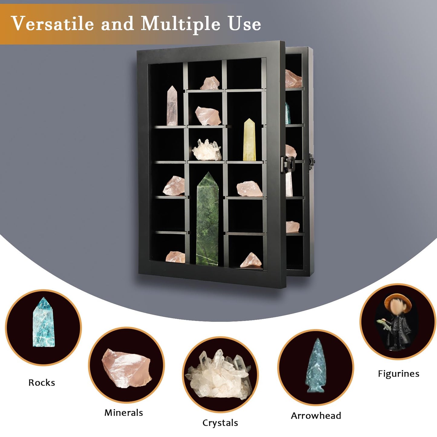 KCRasan Adjustable Rock Display Case - Wooden Crystal Organizer for Stones Storage - Rock Collection Box with Shelves for Agate Opal Crystal Stone Arrowheads Spear Points Rocks Small Black