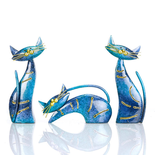 Aayla Cat Statues – Set of 3 Small Blue Aqua Cats Figurine Adorable Kitty Gift for Cat Lovers, Home Kitchen Decoration (8.5" H Blue)