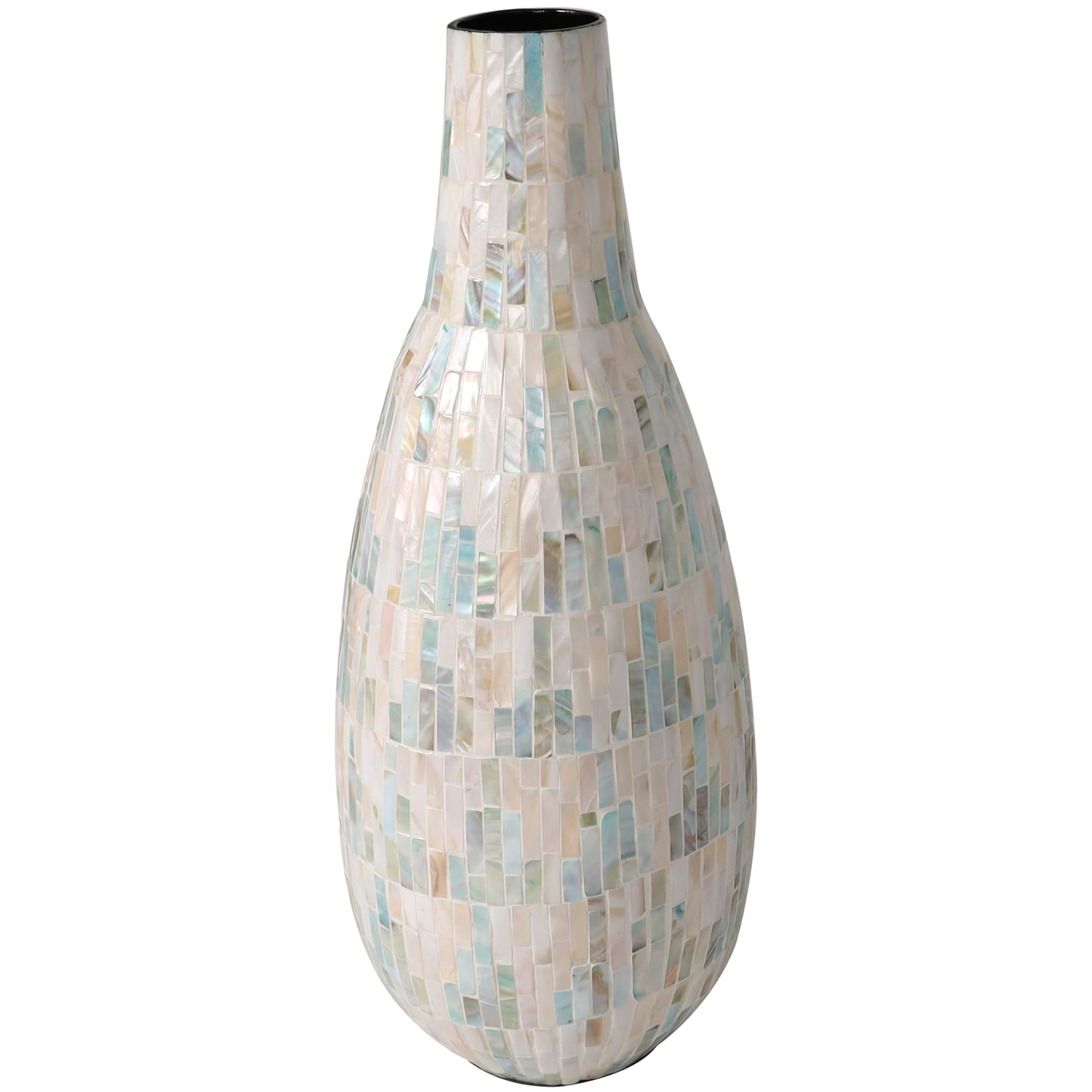 Deco 79 Mother of Pearl Shell Handmade Decorative Vase Mosaic Inspired Centerpiece Vase with Pastel Blue and Pink Accents, Flower Vase for Home Decoration 8" x 9" x 21", White