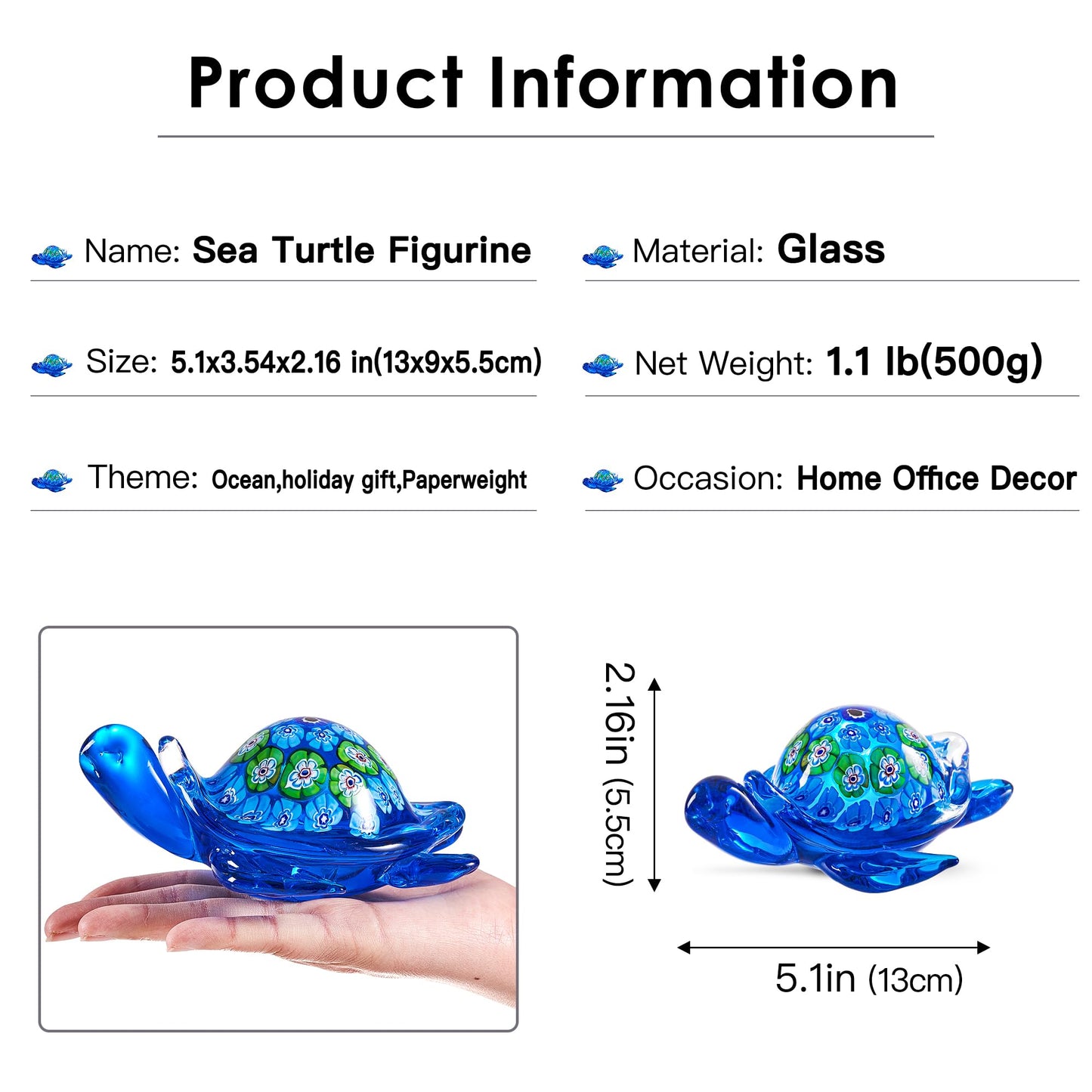 EUSTUMA Hand Blown Glass Sea Turtle Figurine,Sea Animal Ornament for Home Decor,Sea Animals Collection for Birthday Gift,Glass Tortoise Sculpture