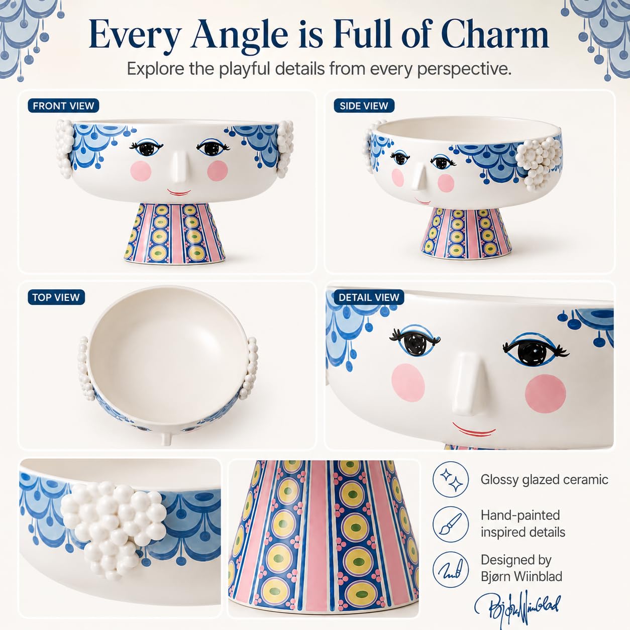 Bjørn Wiinblad Eva Bowl on Stand | Hand-Painted Glazed Ceramic | Blue | 9.4 in