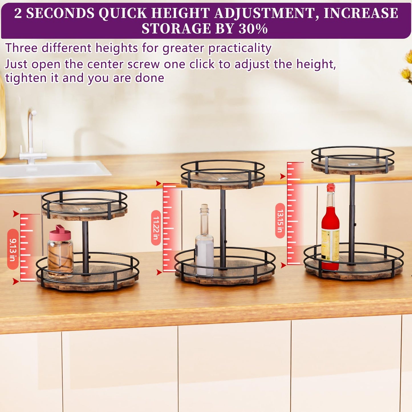 Heavy-Duty 2-Tier Lazy Susan Organizer, Adjustable to Different Heights, Countertop Spice Rack, Upgraded Thickened Wooden Board, Suitable for Seasoning Organizer, Kitchen Organization