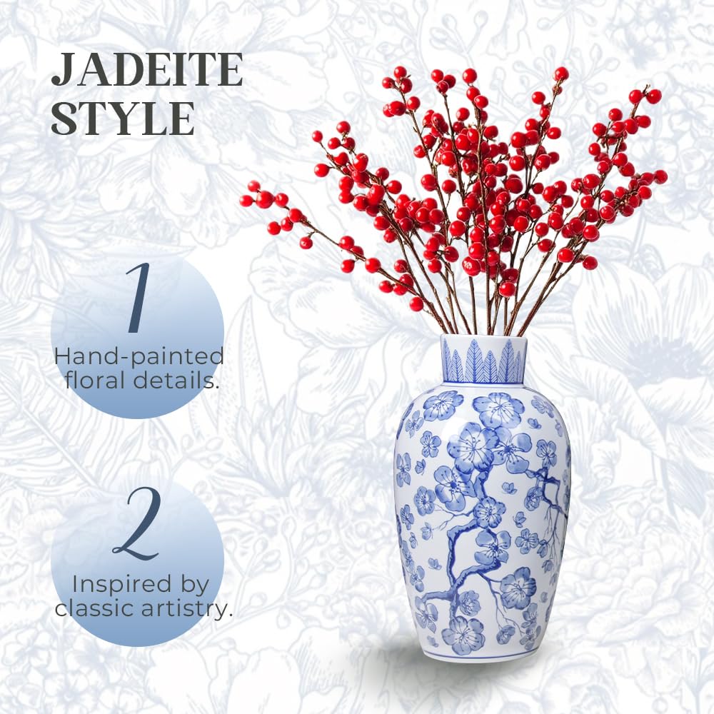 Andaliz Blue and White Ceramic Vase 13.2 Inch, Hand-Painted Floral Plum Blossom Design, Large Floor Vase for Living Room, Entryway Home Décor