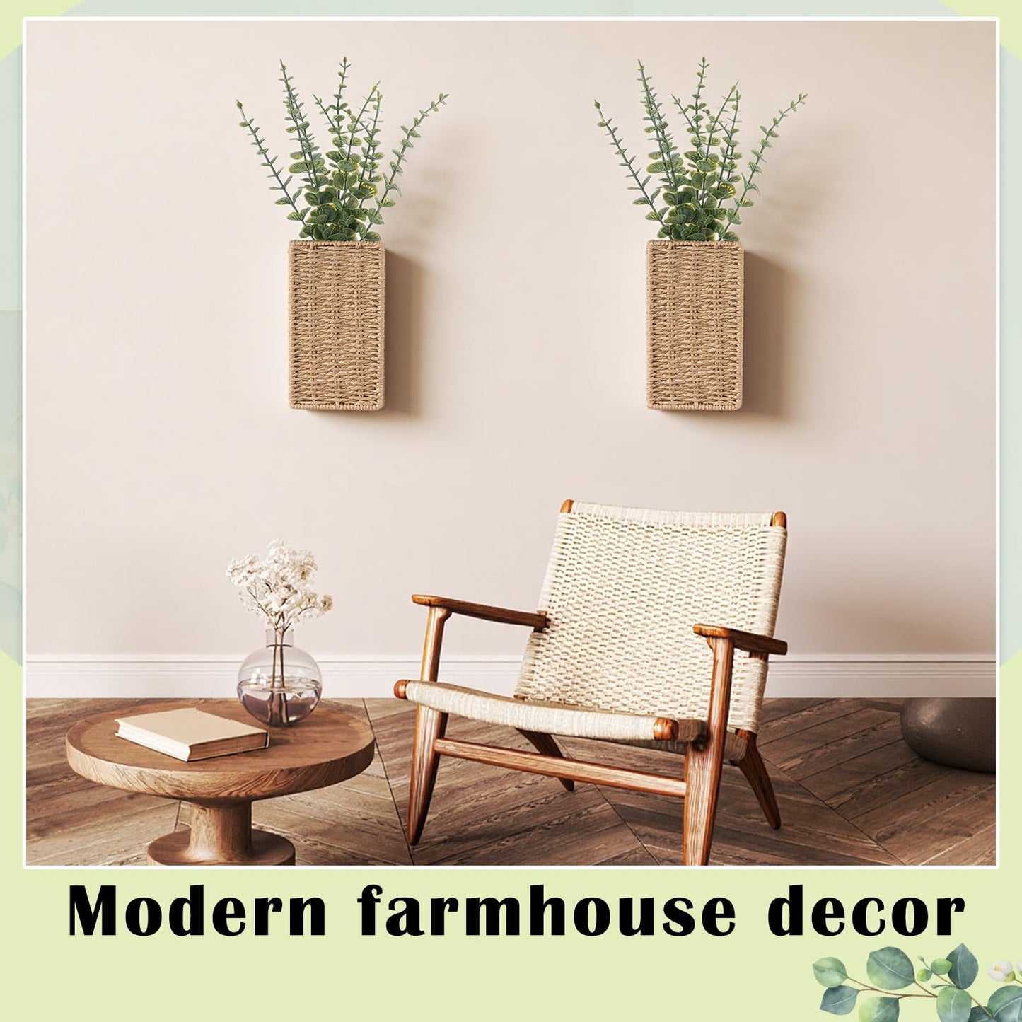 Ferrochef 2 Pack Woven Wall Vase with Artificial Eucalyptus Boho Wall Basket Hanging Decor Rustic Pocket Planter Flower Vase for Indoor Living Room Bedroom Home Office Kitchen Decoration