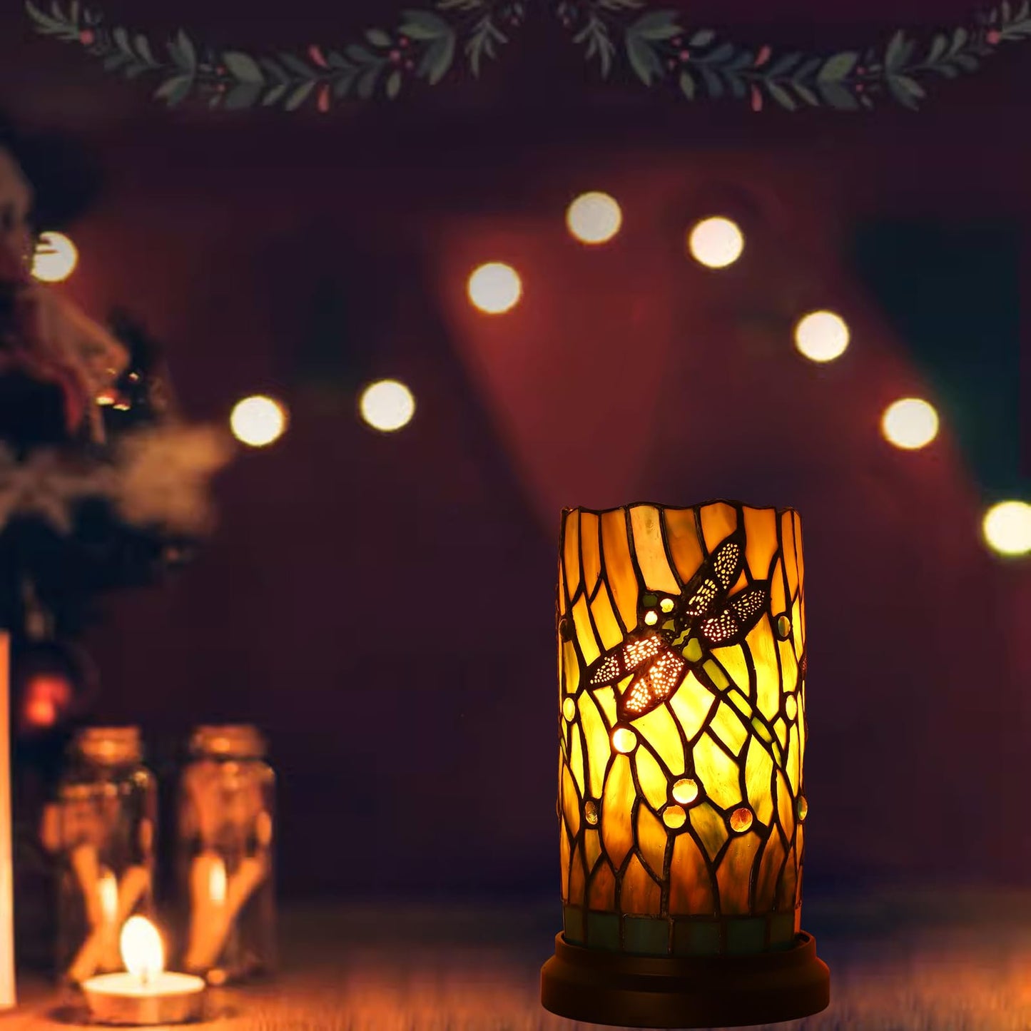 KALOUFUL Tiffany Style Table Lamp for Bedroom Baroque Stained Glass Nightstand Bedside Night Lamp Party Light Hand-Made Art Home Deco Christmas Gifts W/ 2 LED Bulbs (3 Color Temperatures+Flame Bulb)