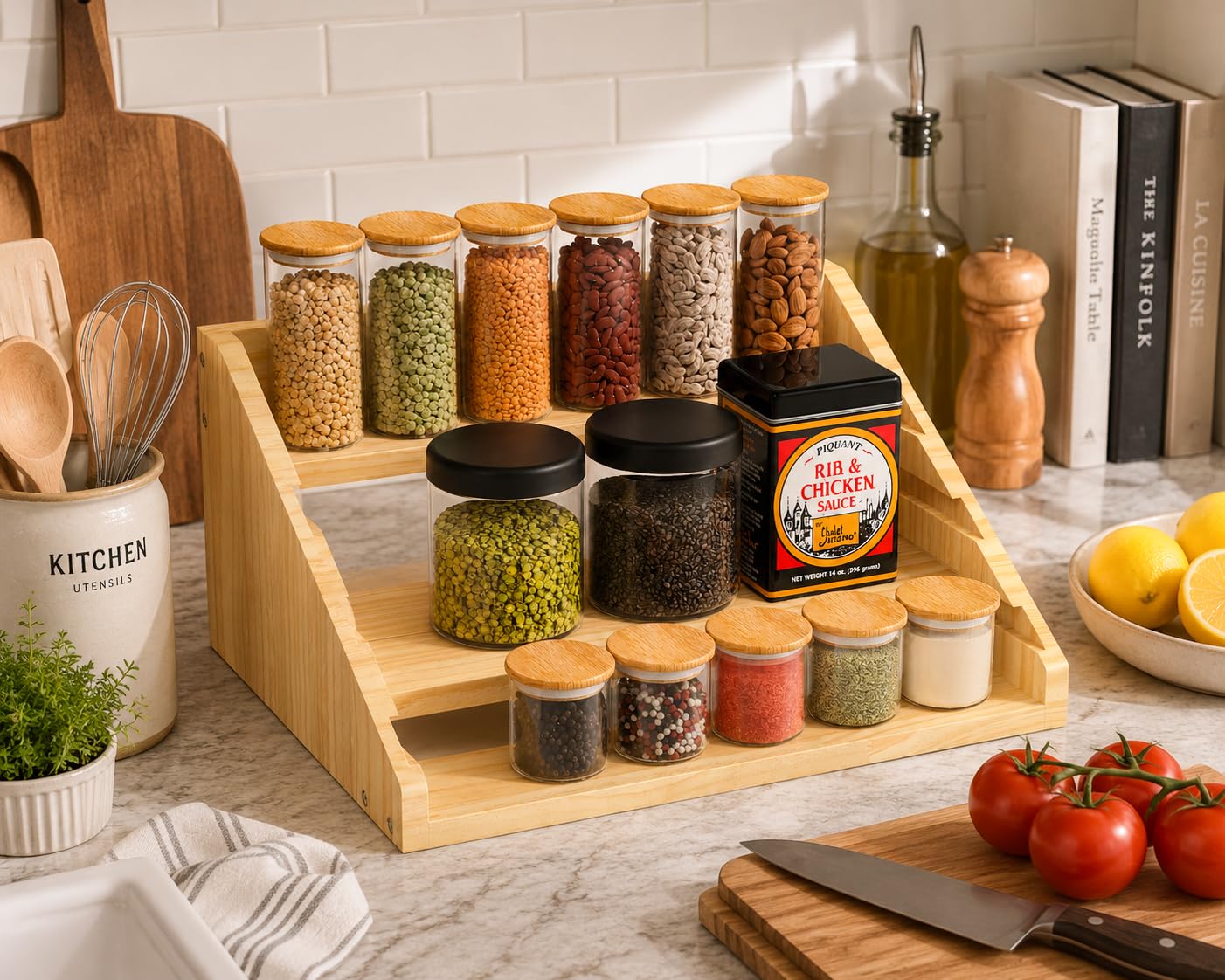 Solid Wood Spice Rack Organizer for Countertop & Cabinet, 4 Tier Adjustable Wooden Spice Shelf with Sliding Track, Premium Step Seasoning Bottle Holder for Kitchen, Pantry, Office, Natural Wood Color