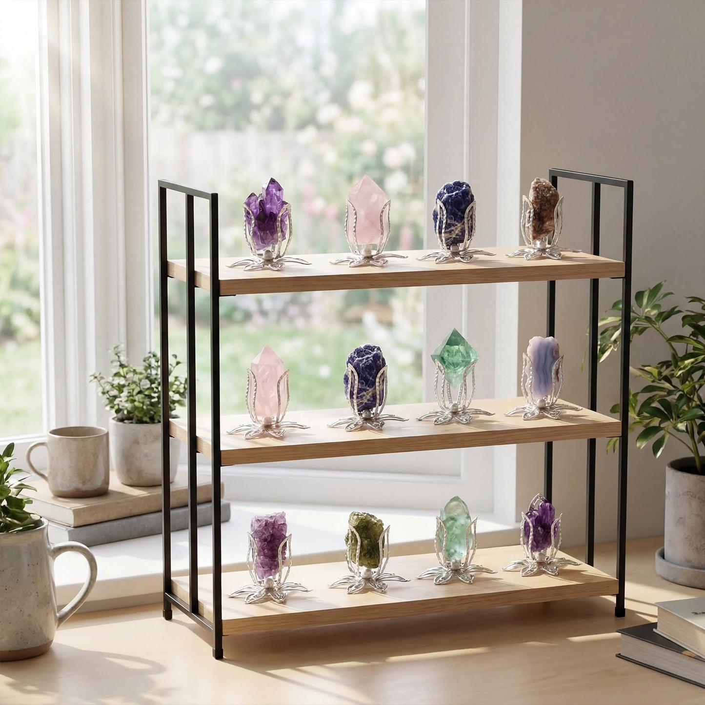 Hicarer 2 Pcs Boho Flower Silver Metal Sphere Display Stand Crystal Ball Display Stand with Crystal Accents, Decorative Gemstone Orb Pedestal Base for Healing Stones, Home Decor, and Collectibles