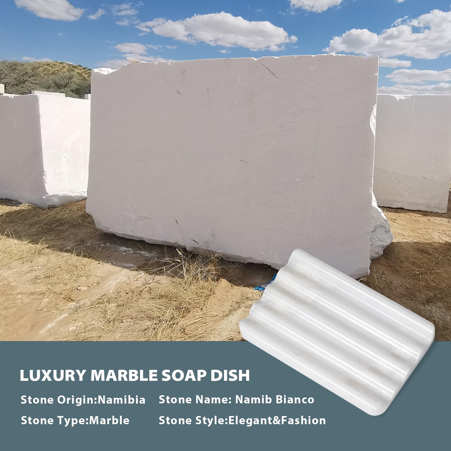 Koville African Natural Marble Soap Dish for Shower, Stone Soap Tray for Bathroom, Bar Soap Holder for Sink, Stripe Grooves Soap Saver Stone Dish Keep Bars Dry Easy Clean (Namib Bianco)