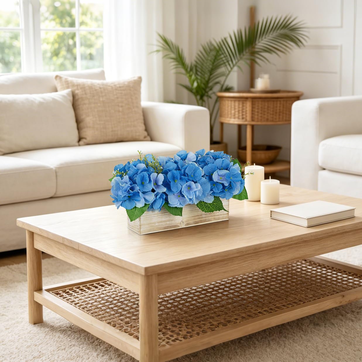 Blue Hydrangea Artificial Flowers Arrangement in Wooden Planter Pot, Fake Hydrangea Flowers with Rectangular Box Vase, Silk Floral Centerpiece for Dining Room, Coffee Table, Kitchen, Windowsill Decor