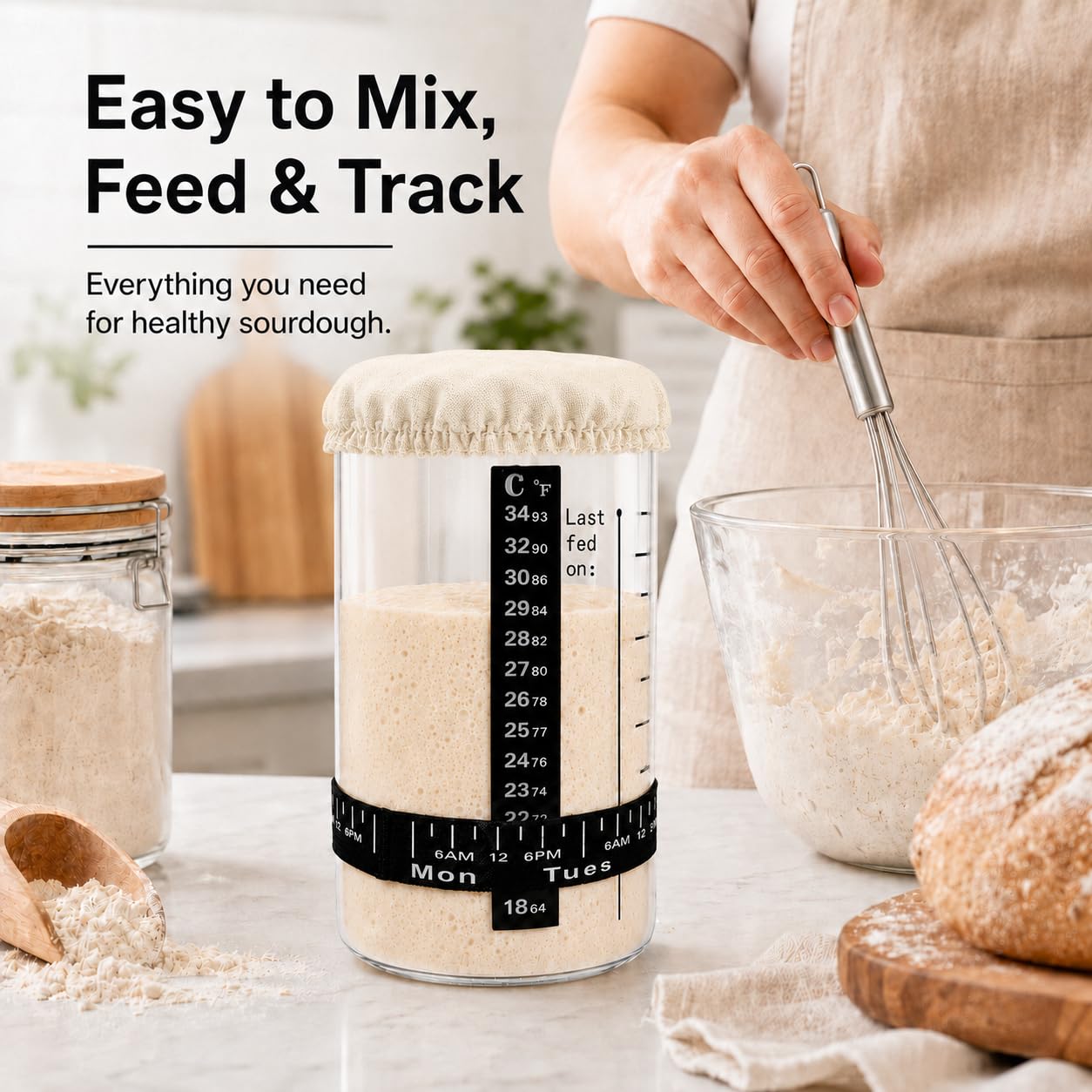 USYOGO 40oz Glass POP sourdough starter jar-With-Lid | Food-grade borosilicate glass | One-touch push-button lid | With Date Marked Feeding Band, Thermometer, Silicone Scraper, Sewn Cloth Cover