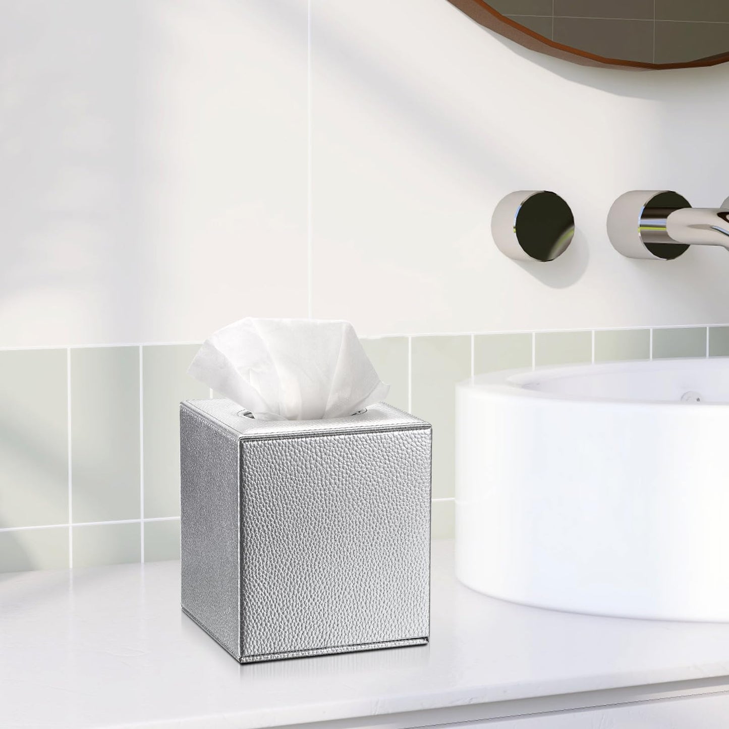 Sumnacon Tissue Box Cover Square Tissue Box Stylish PU Tissue Box Holder with Magnetic Bottom, Leather Cube Tissue Cover for Living Room Bathroom Bedroom Table Desk Home Office Car, Silver