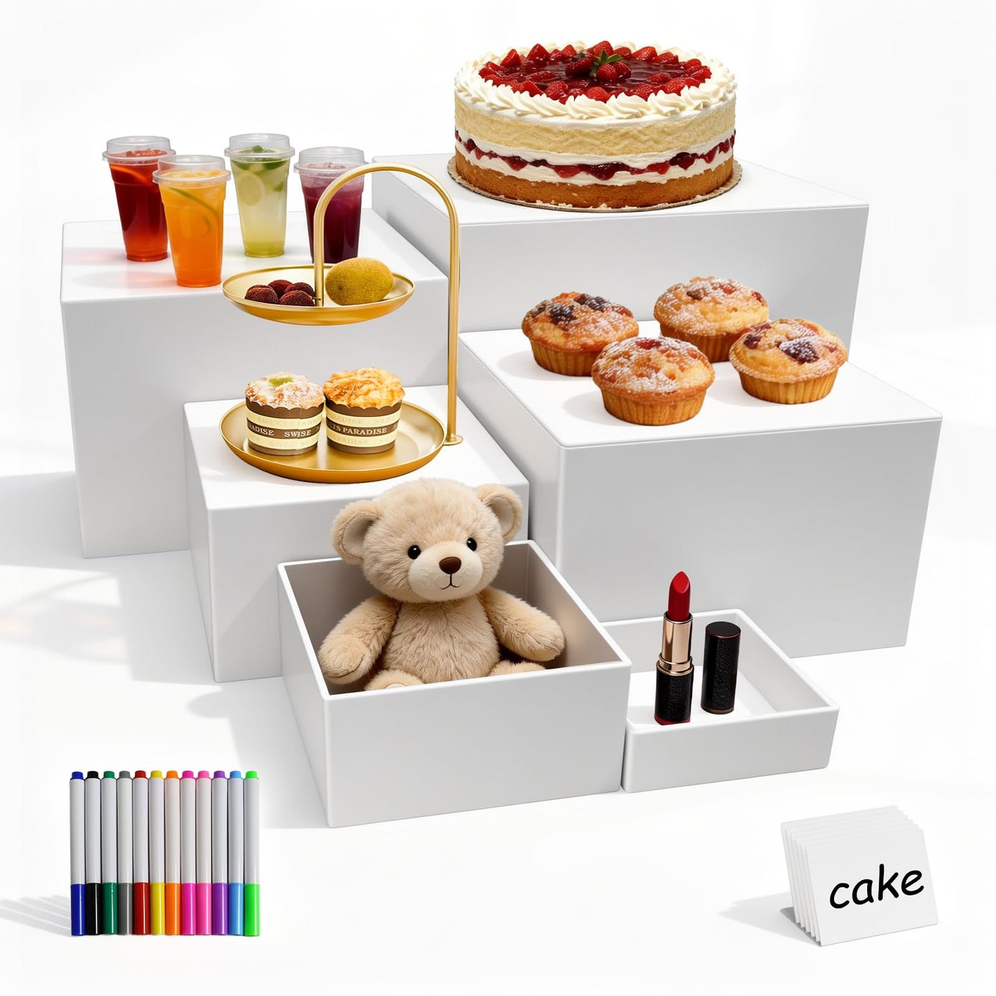 6 Pcs Acrylic Buffet Risers with Markers ＆ Signs, Food Display Stands, Jewelry Dessert Table, Daily Organization, Cube Nesting Boxes Nesting Riser for Party Catering(Sizes 3",4",5",6",7",8" White