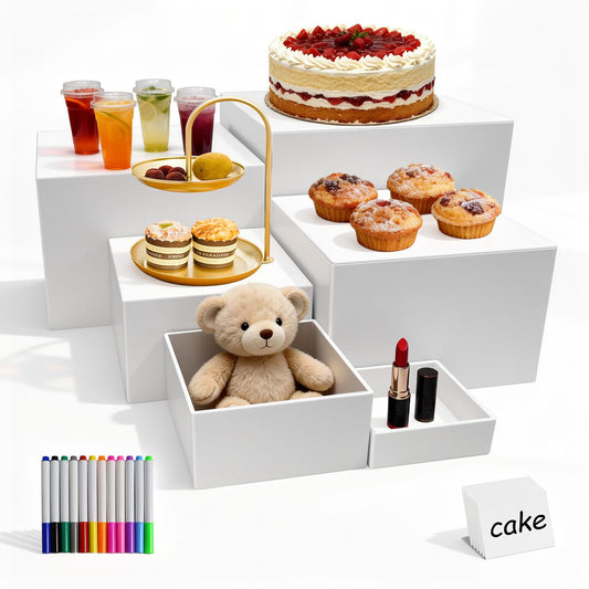 6 Pcs Acrylic Buffet Risers with Markers ＆ Signs, Food Display Stands, Jewelry Dessert Table, Daily Organization, Cube Nesting Boxes Nesting Riser for Party Catering(Sizes 3",4",5",6",7",8" White
