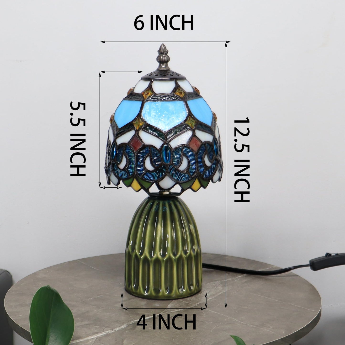HTDSC Tiffany Stained Glass Table Lamp Blue Crystal Baroque 12.5 Inch