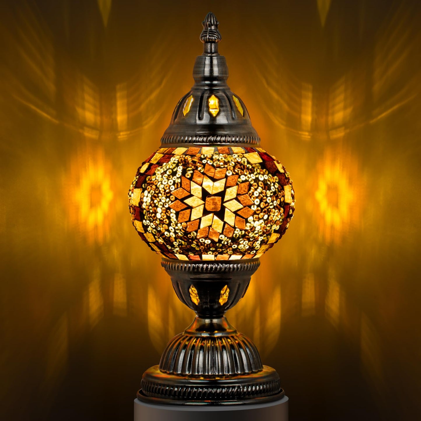 Marrakech Turkish Table Lamp with Bronze Base，Handmade Yellow Moroccan Tiffany Style Mosaic Glass Night Stand Light Fixture Including LED Bulb for Living Room Bedroom Decor (Yellow)