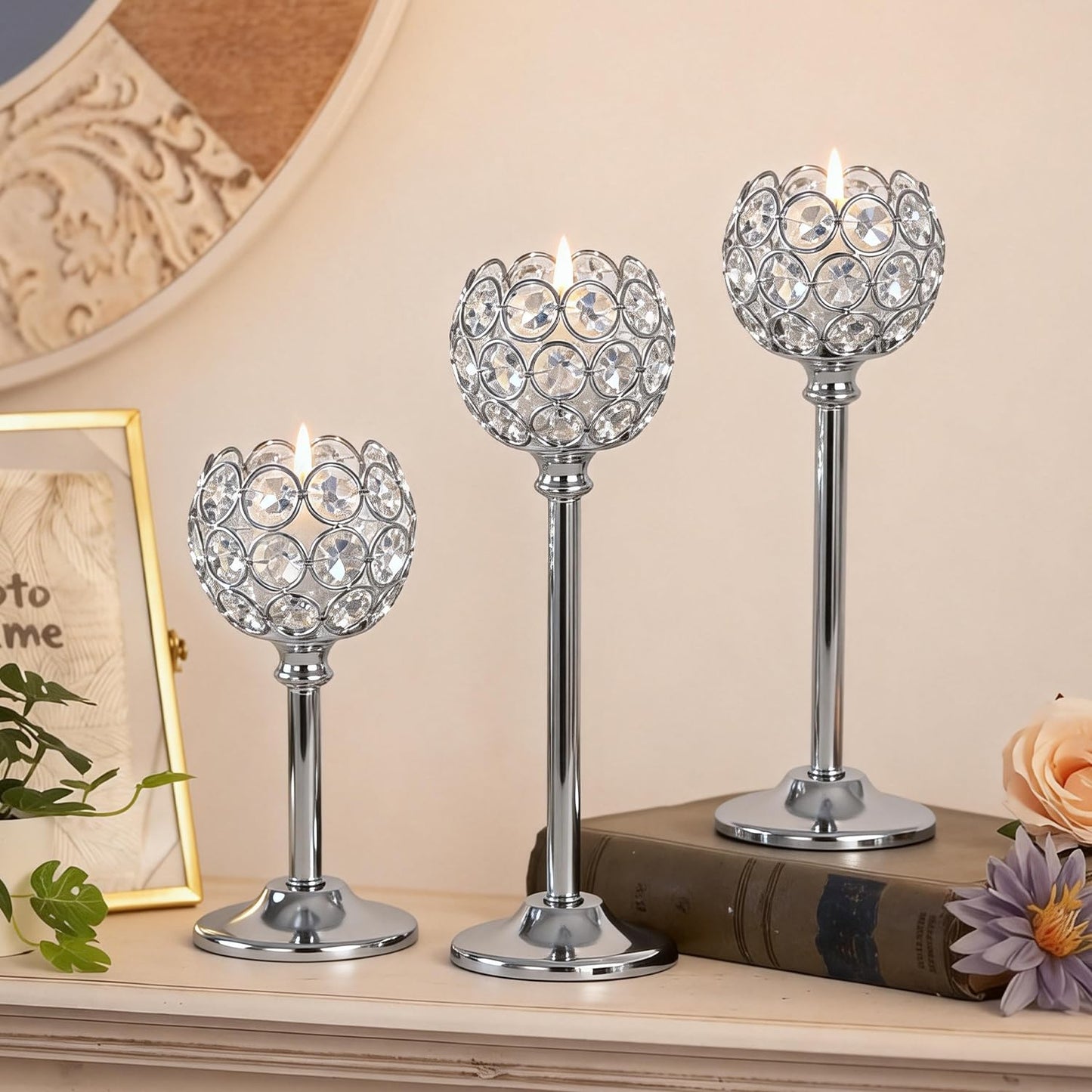 Oakernel Silver Crystal Candle Holders Candlestick Holders - 4 Sets Tall Bling Bowl Candelabra Centerpieces for Dining Table, Wedding, Party & Fireplace Mantel Decor,12Pcs