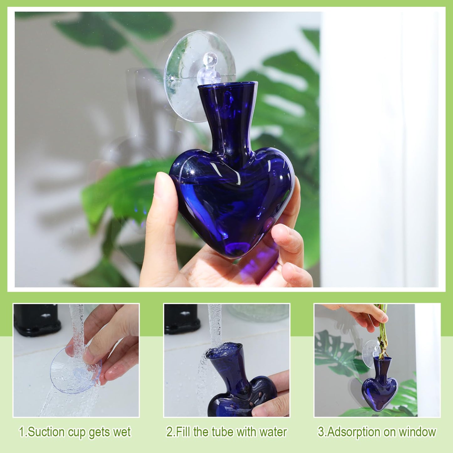 Maxdot 6 Pcs Wall Hanging Window Propagation Stations Glass Heart Plant Vase with Suction Cups Air Plant Terrarium for Hydroponics Home Office Decor (Blue)