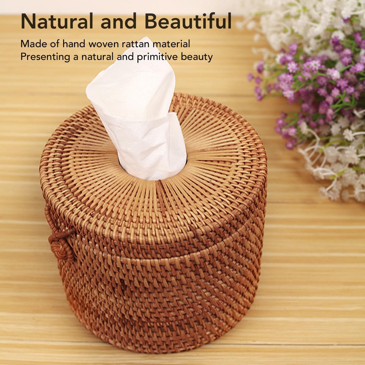 Rattan Tissue Box Cover, Decorative Woven Facial Tissue Holder with Lid Hand Wicker Facial Napkin Holder for Bathroom Toilet Living Room