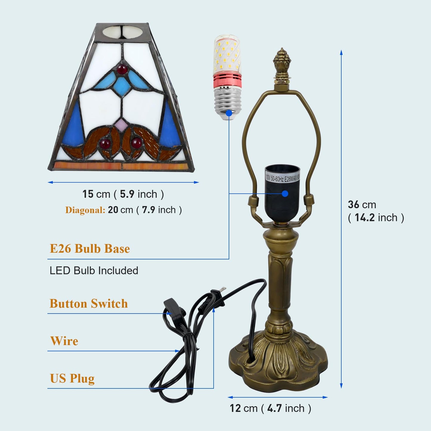 VirtueKing Tiffany Lamp 6" Wide Small Square Baroque Style Stained Glass Table Lamp Desk Reading Light, Bedside Table Lamp Decor for Small Space Bedroom Home Office