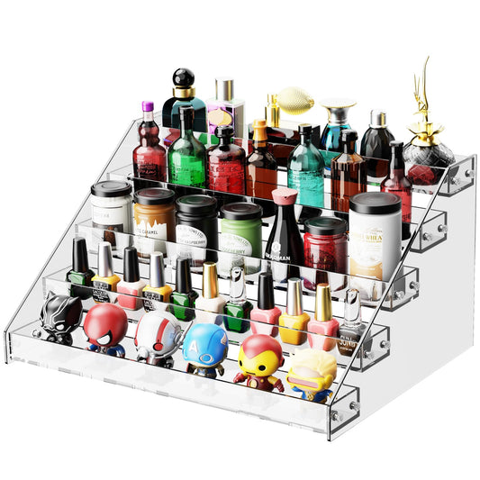 HUITAI Acrylic Display Shelf,Risers Display Stands,Perfume Organizer,Cupcake Stand,Tiered Display Stand,Sticker Display,Card Stands For Display,Card Display Stand,Figure Display，Spice Rack(5 Tier)