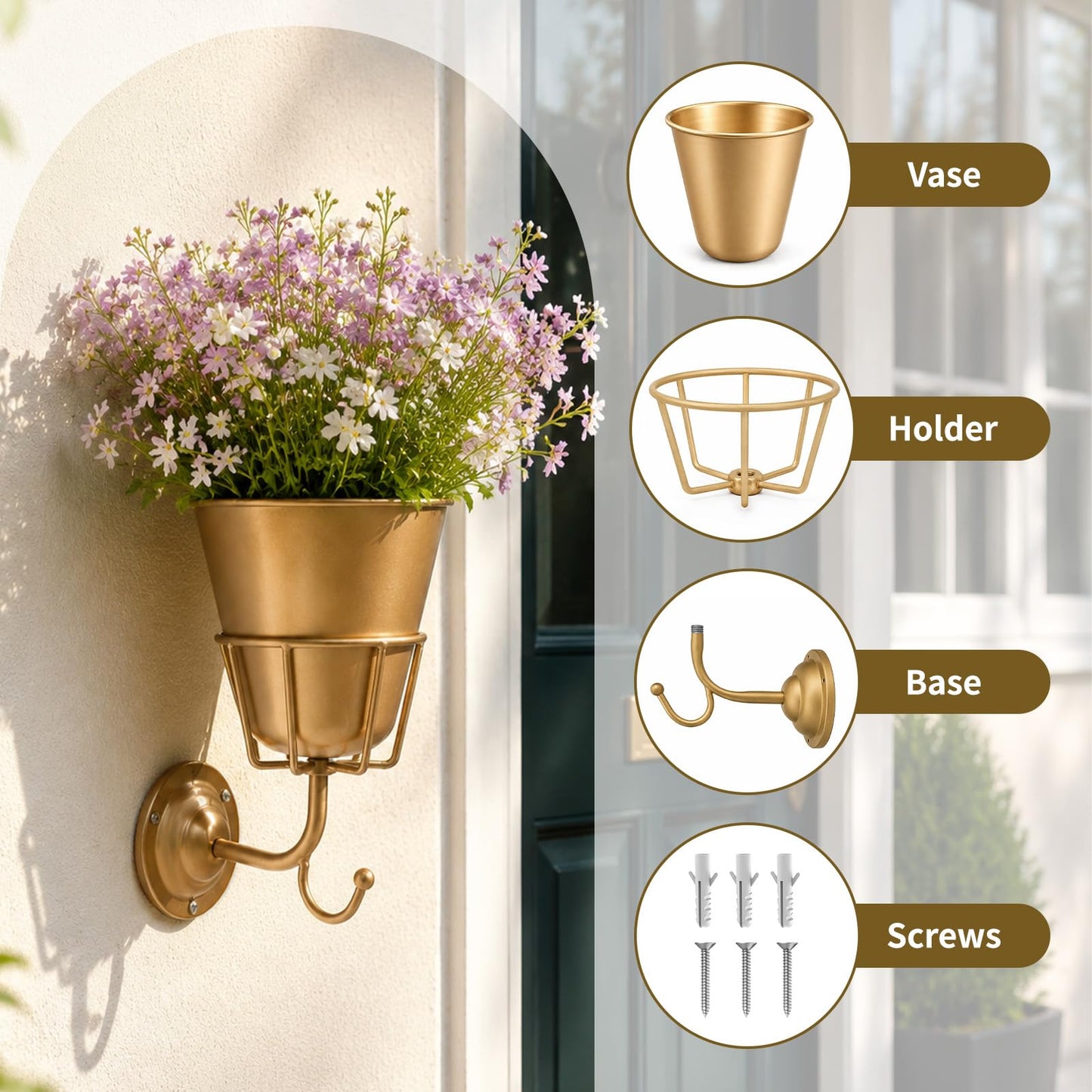 Gold Wall Vase for Flowers, Boho Metal Hanging Vessel, Versatile Organizer Wall Decor for Home Living Room, Bedroom, Bathroom & Kitchen, Office
