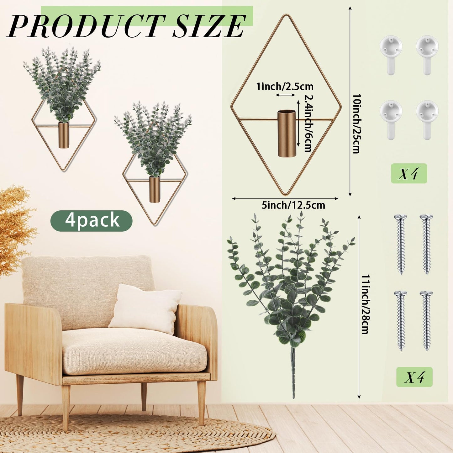 Jexine 4 Pcs Hanging Planters with Artificial Eucalyptus Metal Hanging Vase Indoor Plants Holder Modern Geometric Boho Bathroom Wall Decor for Living Room Home Office (Eucalyptus,Bronze)