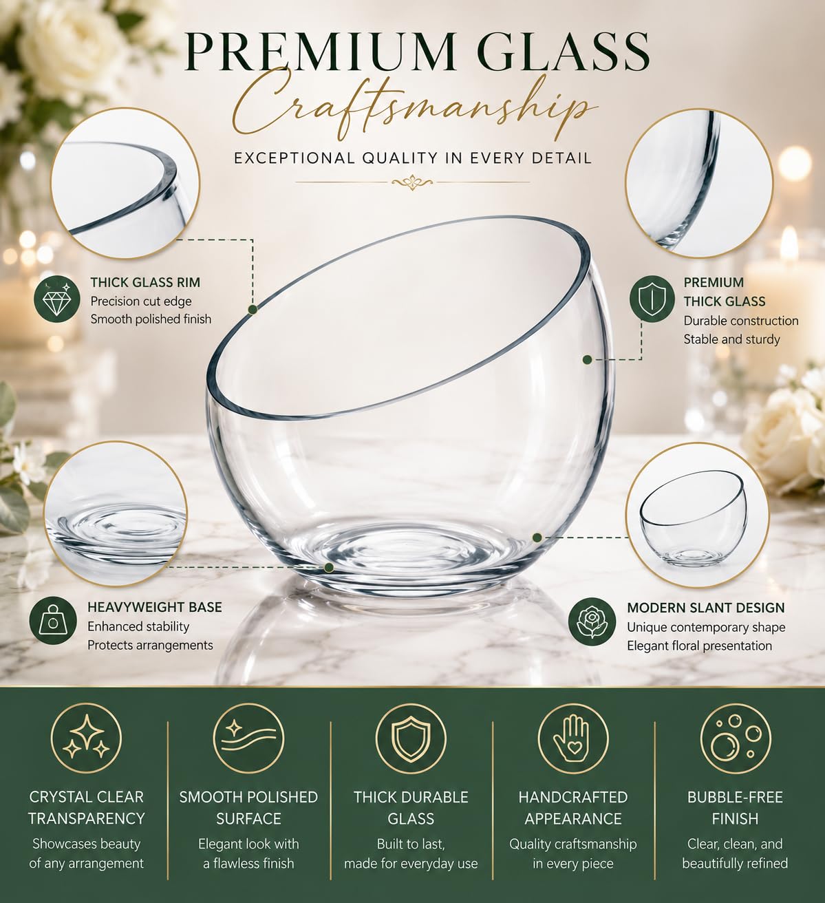 Craft And Party, Slant Cut Bowl Glass, Glass Fish Bowl Vase, 6" Height x 7" Width Fruit Jar, Candy Dish, Clear Terraium, Flower Centerpiece