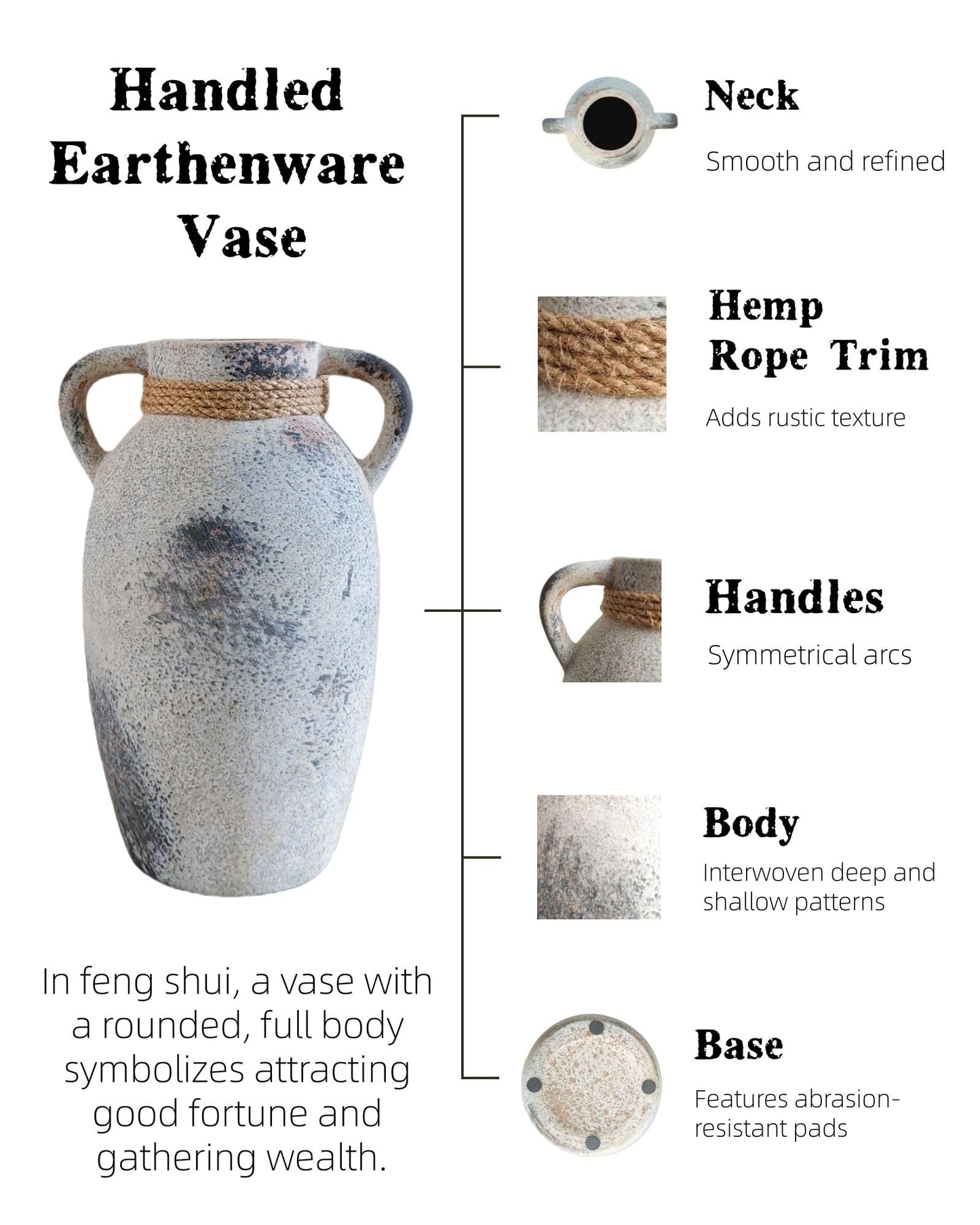 XUANTGY Ceramic Flower Vase with 2 Handles,9.8 inch Large Farmhouse Rustic Terracotta Vases for Decor，Gray